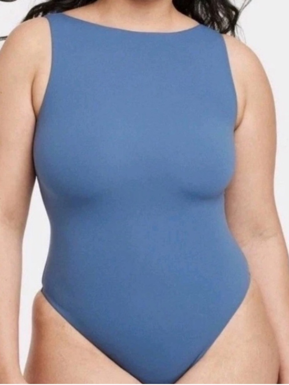 Auden Luxe Lined Boatneck V Back Sleeveless Blue Thong Bodysuit XXL NWT